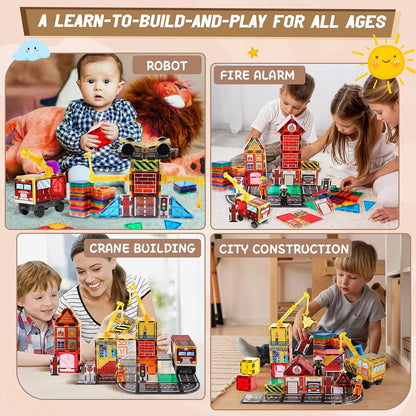 Magnetic Tiles Road Set with 2 Cranes & Double-Sided Magnet Tiles,Boys Toys for Ages 3-5 5-7 8-12,STEM Magnetic Building Construction Toys Include Car,Stations,Dolls,Roads,Signs,Gifts for 3+ Kids