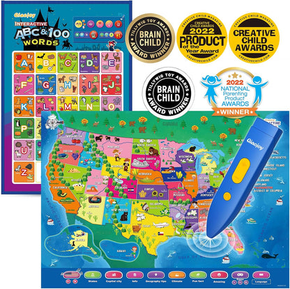 Qiaojoy Bilingual Interactive World Map for Kids Learning and Educational Toys, Talking Electronic Kids World Map i-Poster Geography Games Ages 3 to 12 Years Old, Custom Talking Birthday Gifts Card