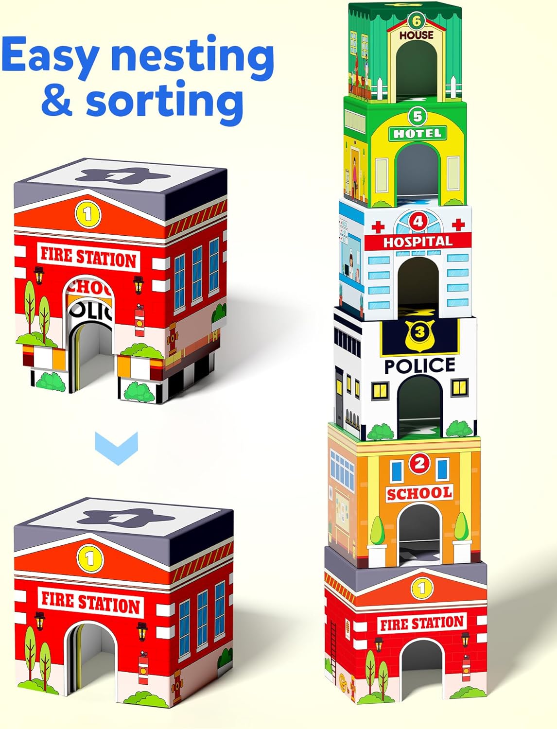 Coogam Montessori Sorting & Stacking Blocks with Nesting Garages Cars, Stackable Number Boxes for Toddlers Learning Community Helpers, Preschool Educational Toy Gift for 2 3 4 Year Old Baby