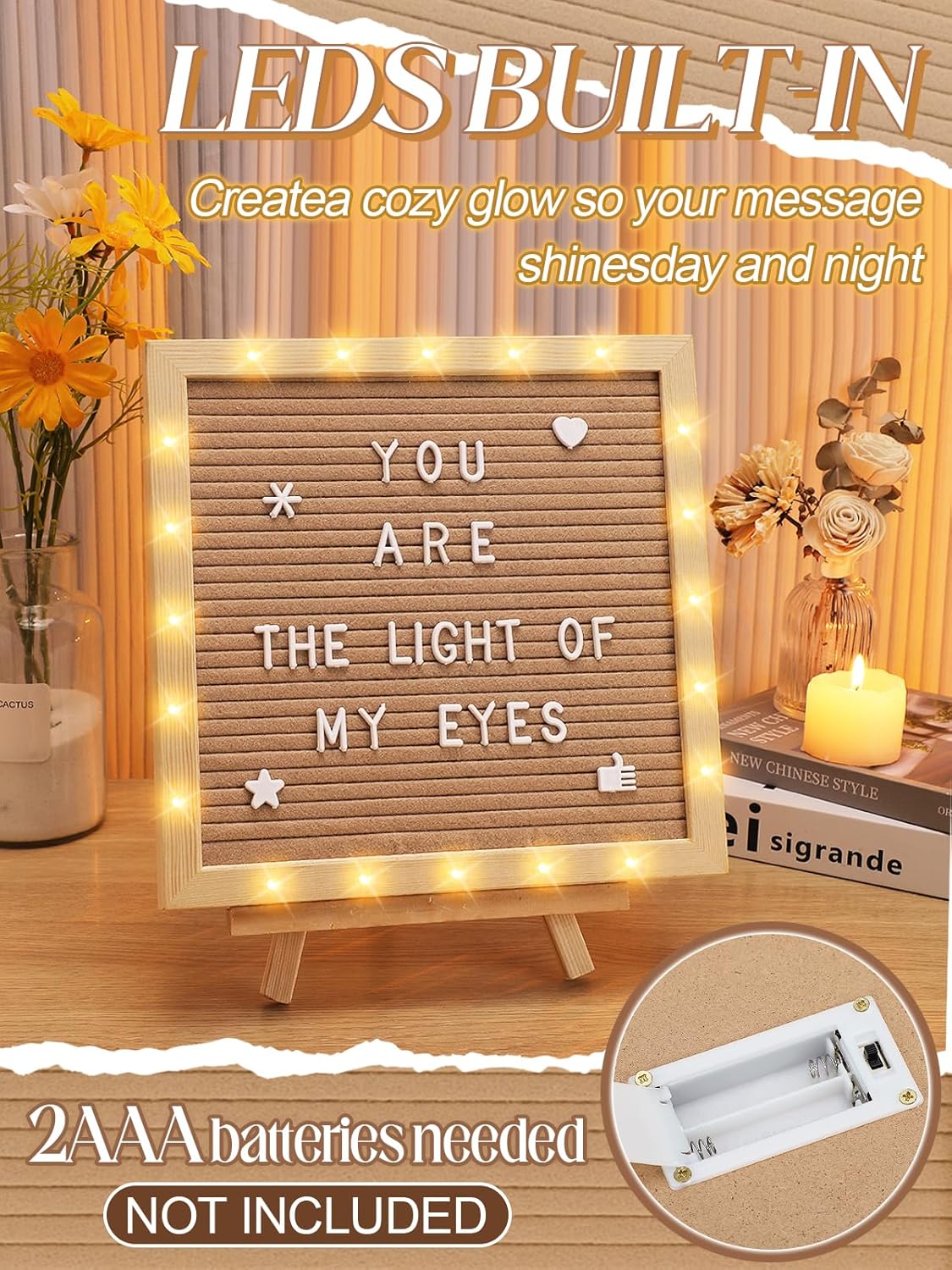 Changeable Felt Letter Board with LED Lights - 10×10" Message Custom Signs & Wood Stand & 450 Letters, Poster Board for Baby/Pregnancy Announcement/Classroom Wall Graduation Decor Gifts, Camel