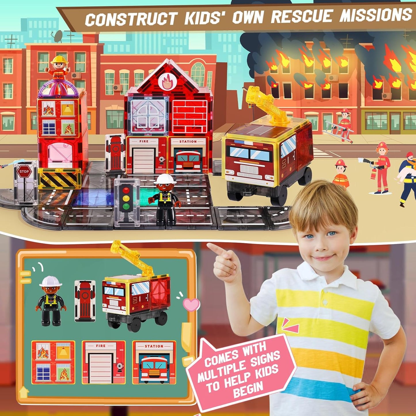 Magnetic Tiles Road Set with 2 Cranes & Double-Sided Magnet Tiles,Boys Toys for Ages 3-5 5-7 8-12,STEM Magnetic Building Construction Toys Include Car,Stations,Dolls,Roads,Signs,Gifts for 3+ Kids