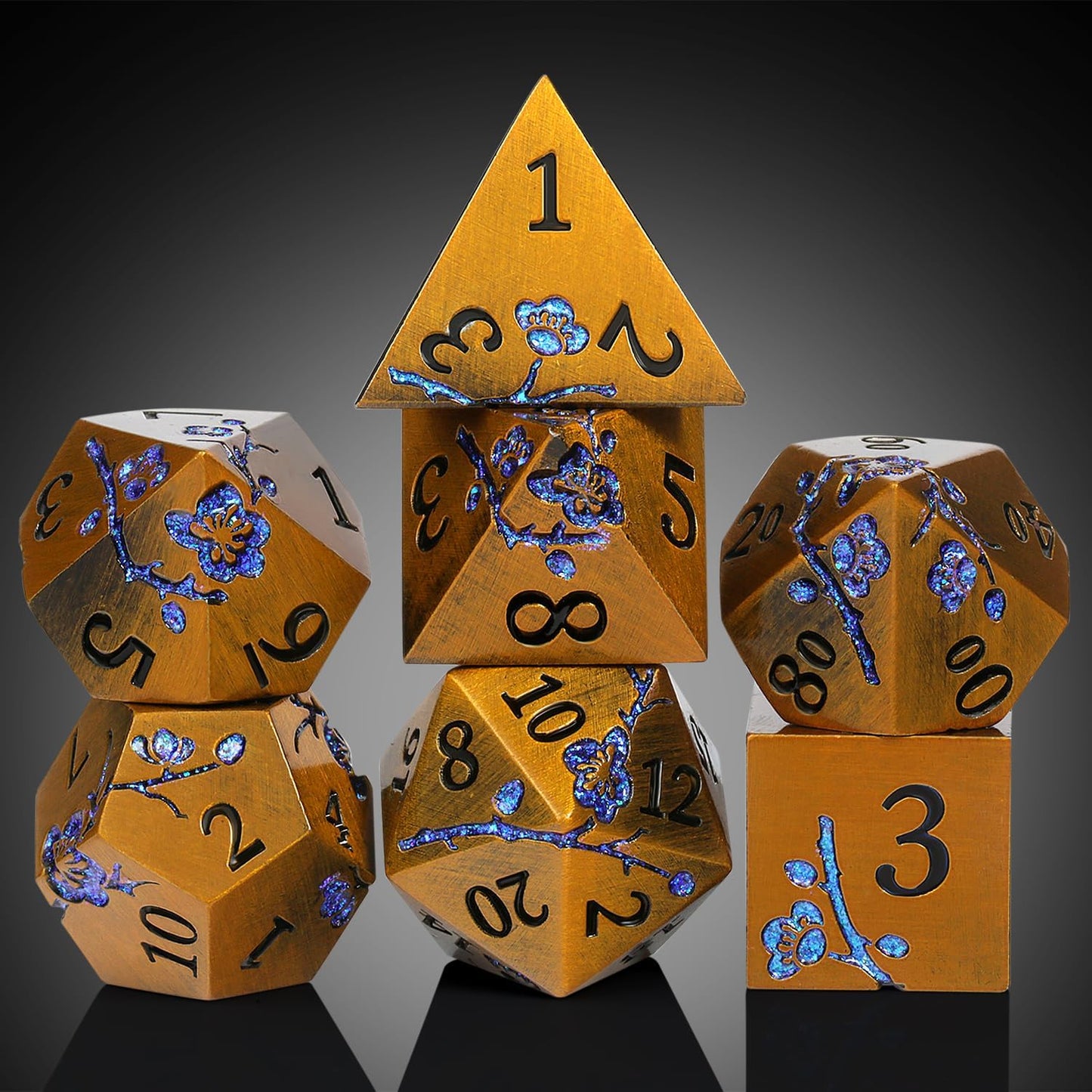 DnDnD Heavy Polyhedral Metal Dice Set with Metal Box, 7-die Shiny Blue Surface with Golden Number for RPG,Dungeons and Dragons,Pathfinder,Shadowrun,D&D,Role Palying Game and Math Teaching - Colors B
