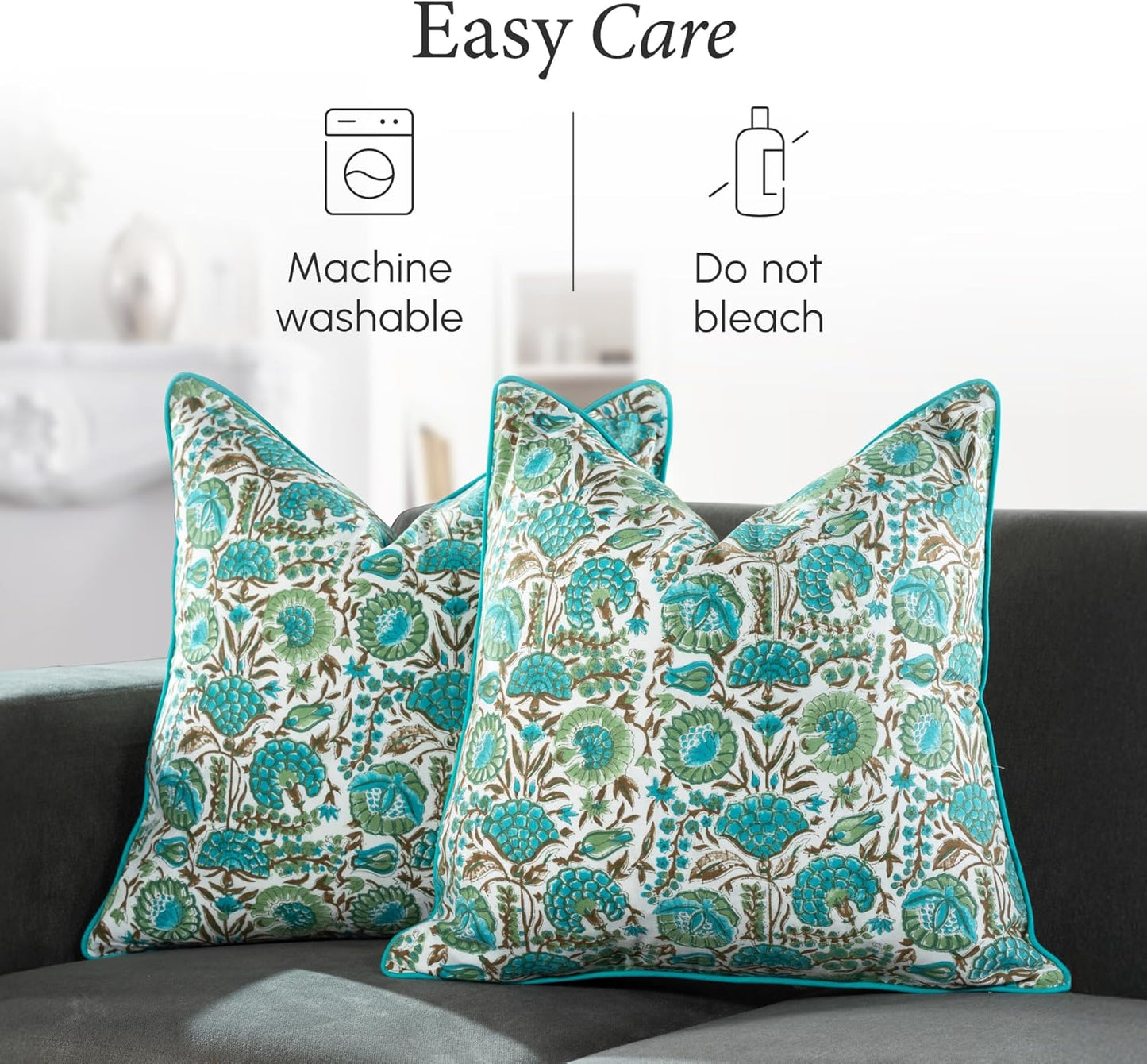CPC 100% Cotton Throw Pillow Covers 18x18 Inch, Set of 2 Green Block Print Pattern Couch Pillow, Cute Boho Decorative Pillows for Living Room, Bedroom with Hidden Zipper- Agate Green