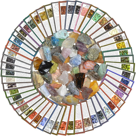 Fantasia Materials: 50 Different Rough Stones with Identification Cards - The Best Starter Rock Collection and Activity Kit Including Stones from Brazil, Madagascar, Mexico, Asia, India and More!