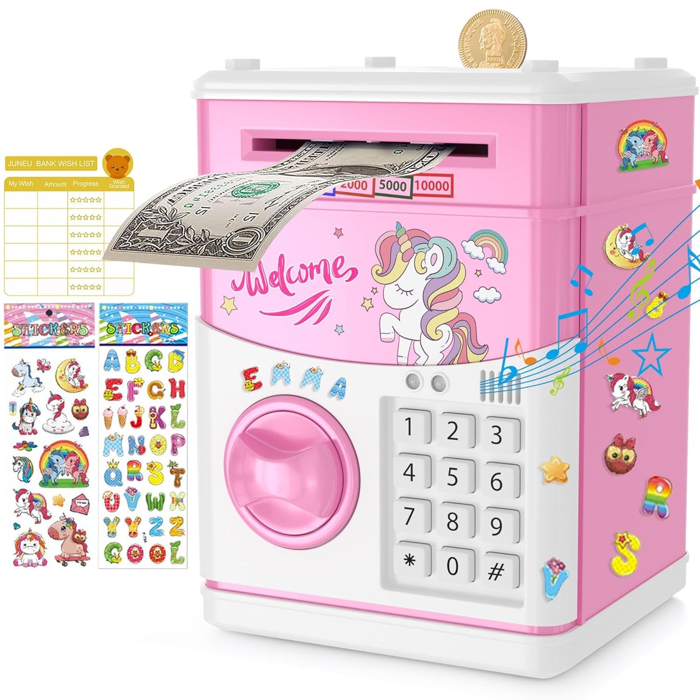 JUNEU Unicorn Piggy Bank for Kids, Gifts for 5 6 7 8 9 10 Year Old Girls, Kids Electronic Piggy Bank, Girls Birthday Gifts, Educational Toys for Girl Boys, Kid Money Saving Box, Mini ATM Coin Bank