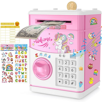 JUNEU Unicorn Piggy Bank for Kids, Gifts for 5 6 7 8 9 10 Year Old Girls, Kids Electronic Piggy Bank, Girls Birthday Gifts, Educational Toys for Girl Boys, Kid Money Saving Box, Mini ATM Coin Bank