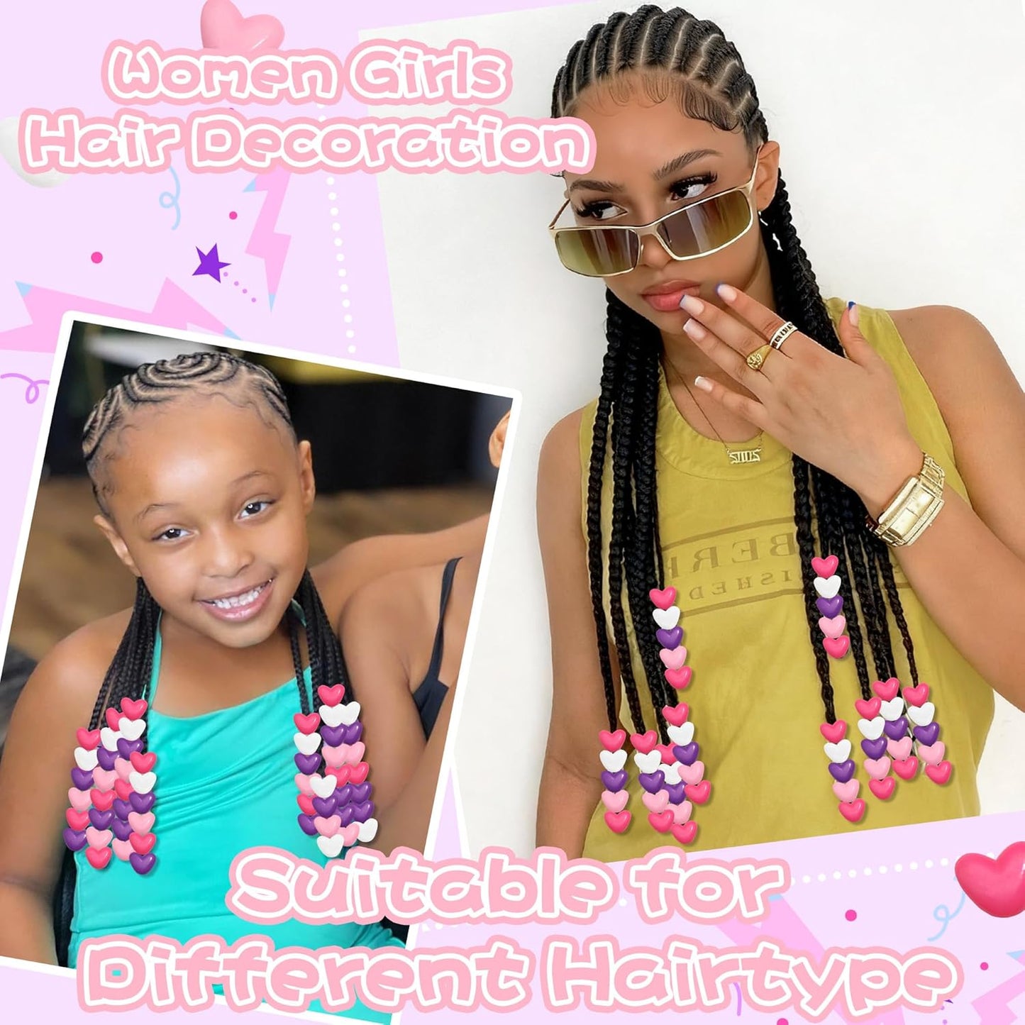 90PCS Heart Hair Beads for Braids Blue Pink Loc Dreadlock Valentine's Day Bead Accessories Purple Cute Acrylic Heart Shape Beads for Kids Girls