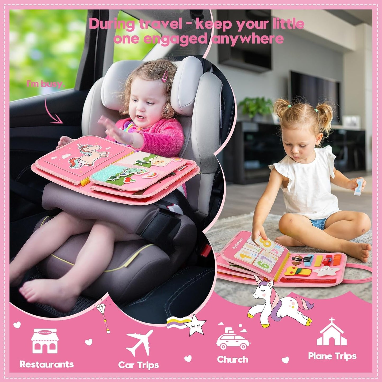 Toddler Sensory Busy Board: Travel Toy Activity Book for Girls Boys, Motor Skill Development Gift for Baby Aged 3-4 Years, Fine Educational Preschool Montessori Learning Toy for Car Airplane Dinosaur