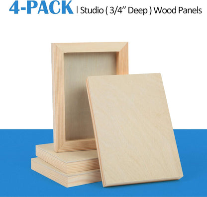Falling in Art Unfinished Birch Wood Canvas Panels Kit, 4 Pack of 8x10’’ Studio 3/4’’ Deep Cradle Boards for Pouring Art, Crafts, Painting, and More