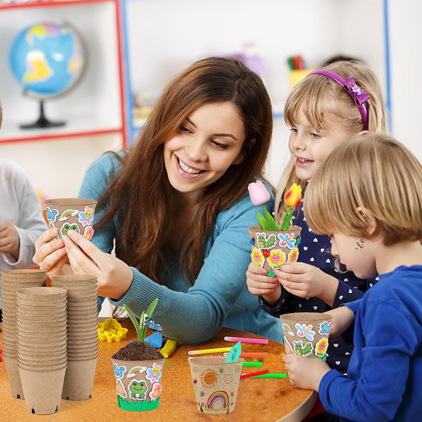 60 Pack Garden Paper Pot Craft Kit Flower Plant Spring Summer Craft with 50 Adhesive Foam Stickers 60 Paper Mache Pots Label Pens, Flower Planting Growing Kit Science Garden Gift for Mother Day