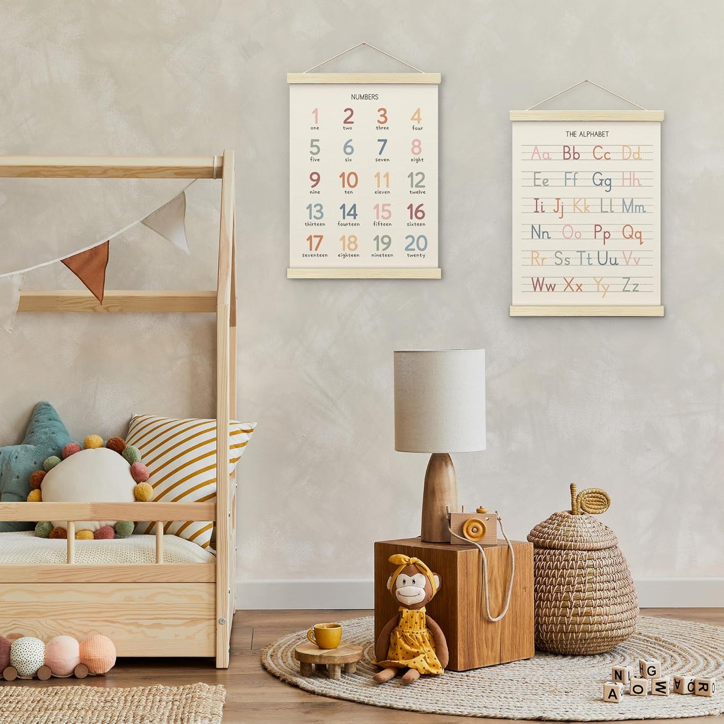 BONETAT Numbers alphabet poster for Nursery Toddlers, Play Room Wall Decor, ABC Wall Chart, Wall Hanging Decor for Toddler Playroom Decor Kids Wall Decor, Wooden Alphabet Banner-A02