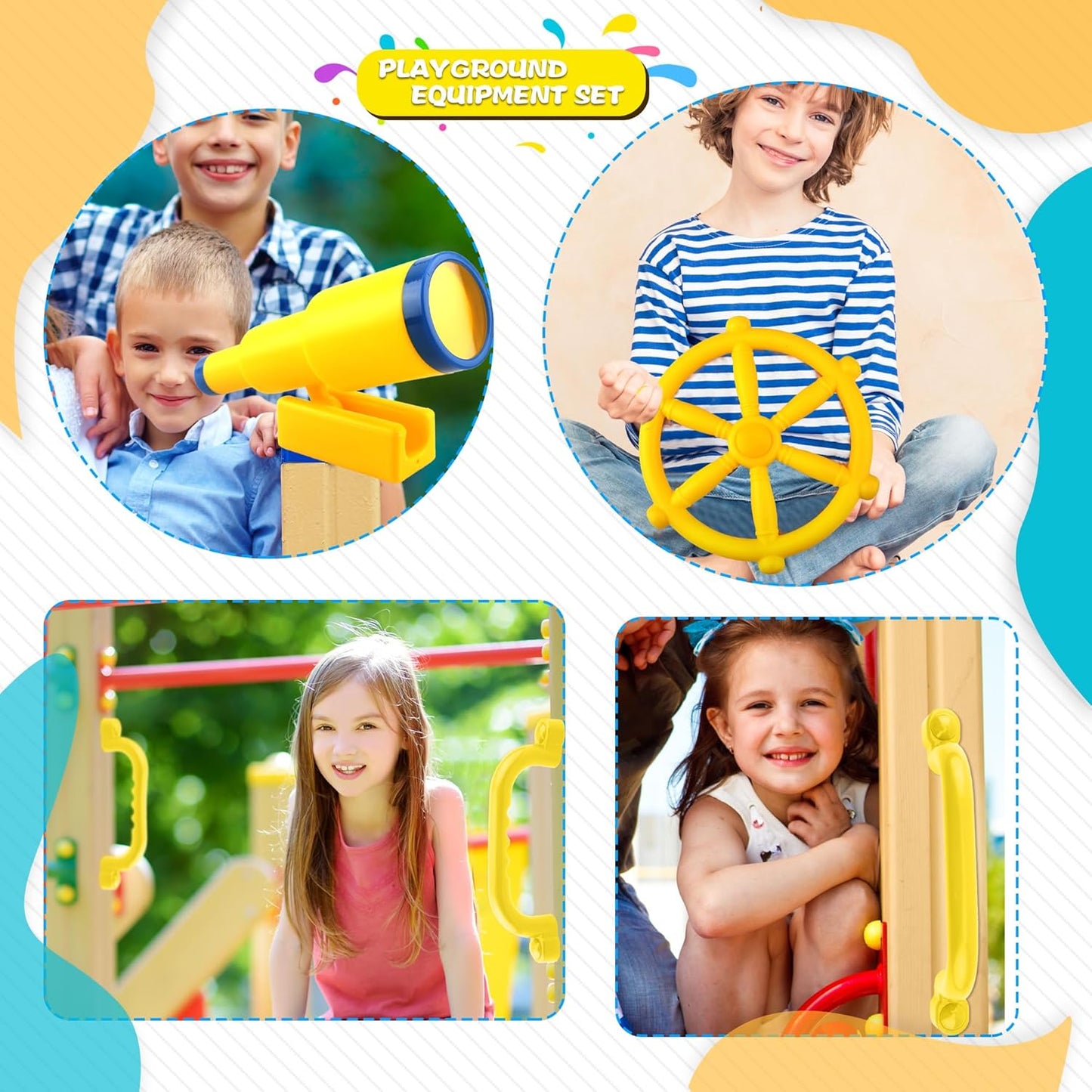 5 Pcs Kids Playground Accessories for Kids Outdoor Plastic Steering Wheel Swingset Phone Pirate Telescope Telephone Safety Handle for Child Backyard Tree House Playhouse Jungle Gym (Yellow Set 1)