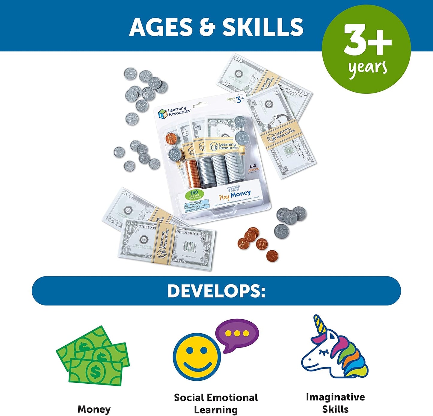 Learning Resources Pretend Play Money - Math Manipulatives For Kids, Kids Bank, Plastic Coins, Cash Register, Toddler , Homeschool Supplies, Fine Motor Skills, Teaching Set Manipulatives