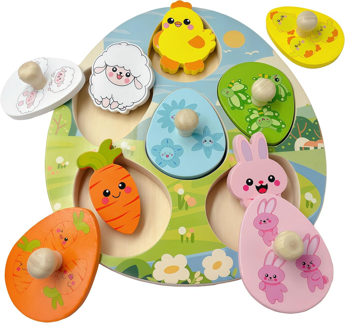 Easter Wooden Peg Puzzles Montessori Educational Toys for Toddlers 1-3 Years, Easter Basket Stuffers Party Favors for Boys Girls