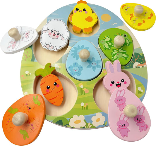 Easter Wooden Peg Puzzles Montessori Educational Toys for Toddlers 1-3 Years, Easter Basket Stuffers Party Favors for Boys Girls