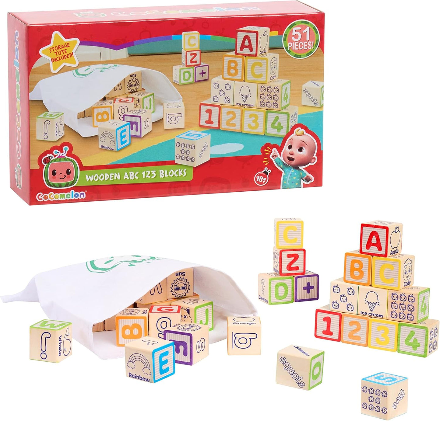 CoComelon 51-piece Classic ABC Wooden Block Set, Preschool Building Toys, Learning and Education