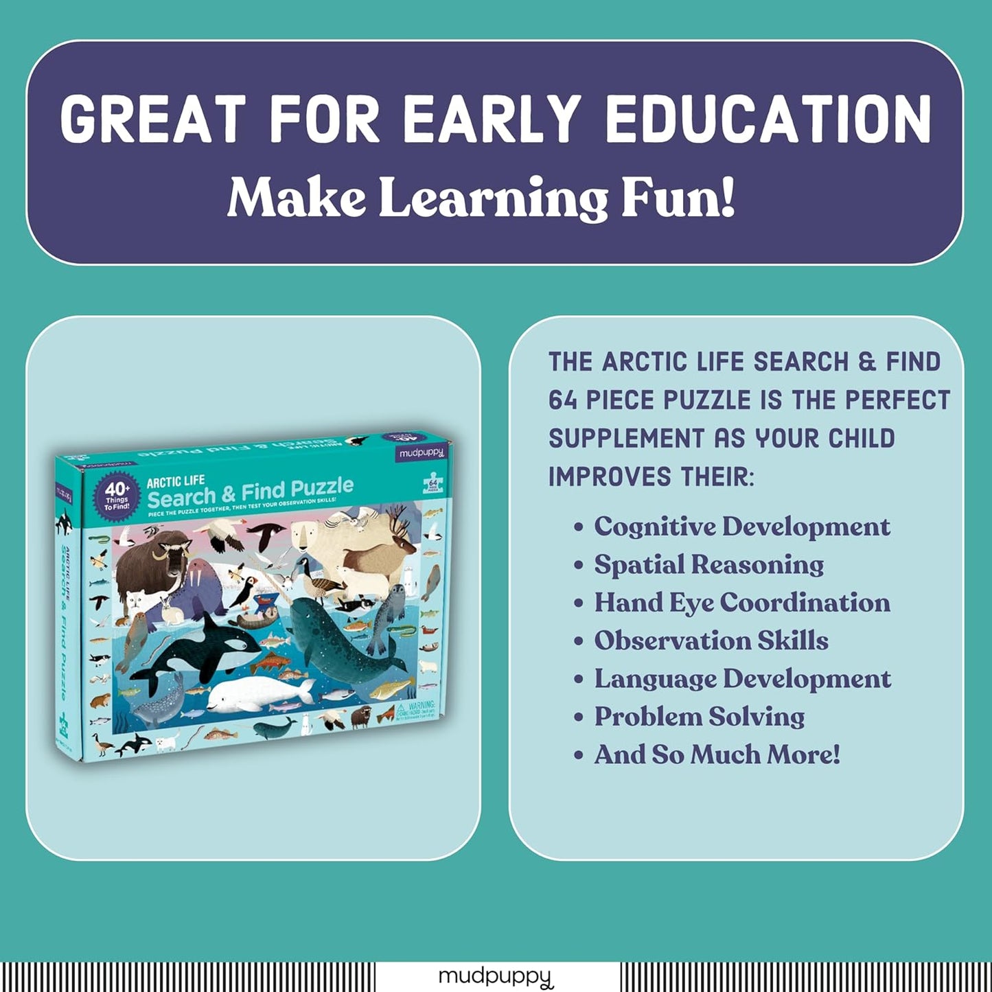 Mudpuppy Arctic Life Search & Find Puzzle, 64 Pieces, 23”x15.5” – For Kids Age 4-7 - Colorful Illustrations of Animals, Fish, Birds Living in the Arctic – Complete Puzzle to Find 40+ Hidden Images