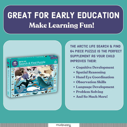 Mudpuppy Arctic Life Search & Find Puzzle, 64 Pieces, 23”x15.5” – For Kids Age 4-7 - Colorful Illustrations of Animals, Fish, Birds Living in the Arctic – Complete Puzzle to Find 40+ Hidden Images