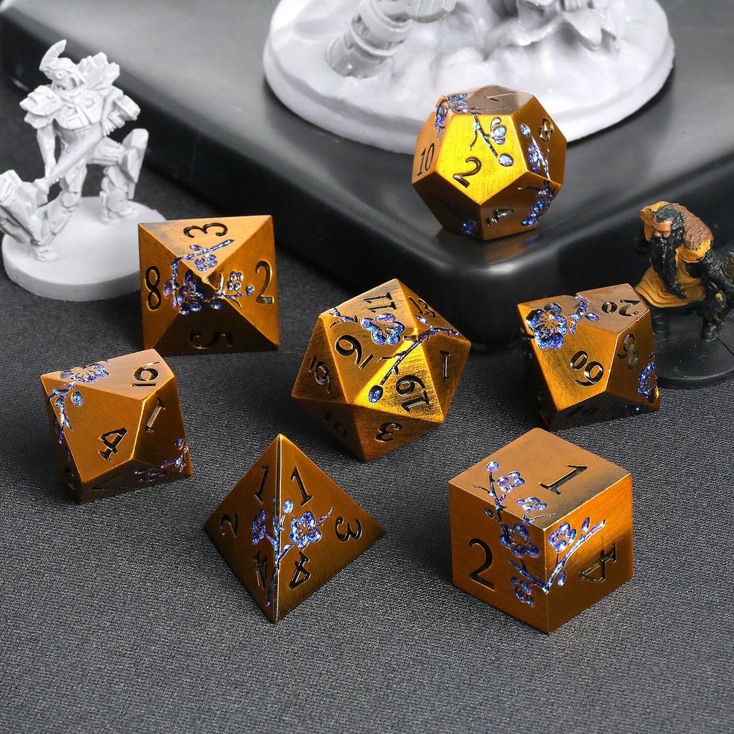 DnDnD Heavy Polyhedral Metal Dice Set with Metal Box, 7-die Shiny Blue Surface with Golden Number for RPG,Dungeons and Dragons,Pathfinder,Shadowrun,D&D,Role Palying Game and Math Teaching - Colors B