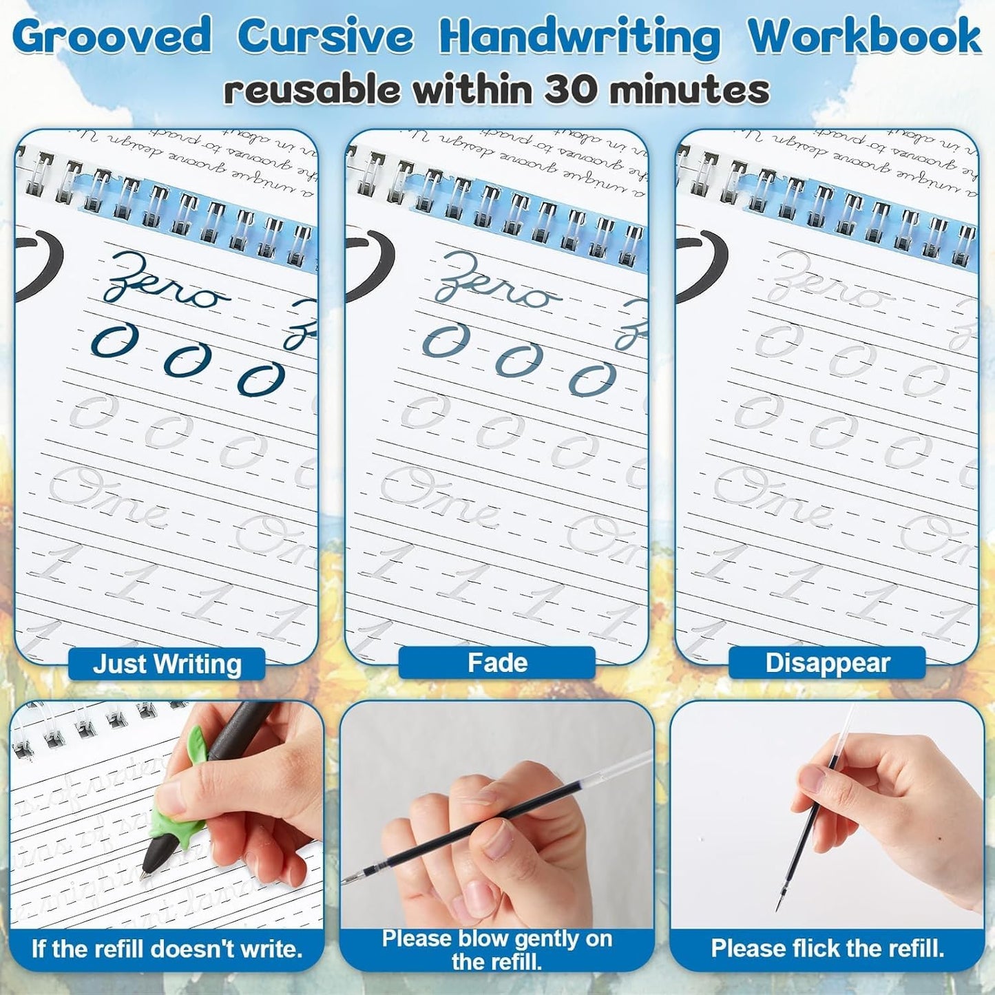 gisgfim 4 Pack Grooved Cursive Handwriting Workbook Kit Magic Reusable Grooved Handwriting Practice with Disappearing Ink Pens Cursive Workbook for Kids Number Poems Jokes & Riddles Inspiring Quotes