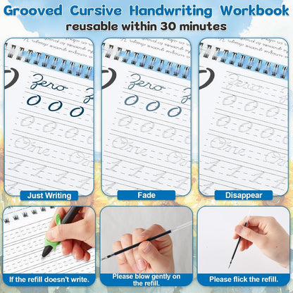 gisgfim 4 Pack Grooved Cursive Handwriting Workbook Kit Magic Reusable Grooved Handwriting Practice with Disappearing Ink Pens Cursive Workbook for Kids Number Poems Jokes & Riddles Inspiring Quotes