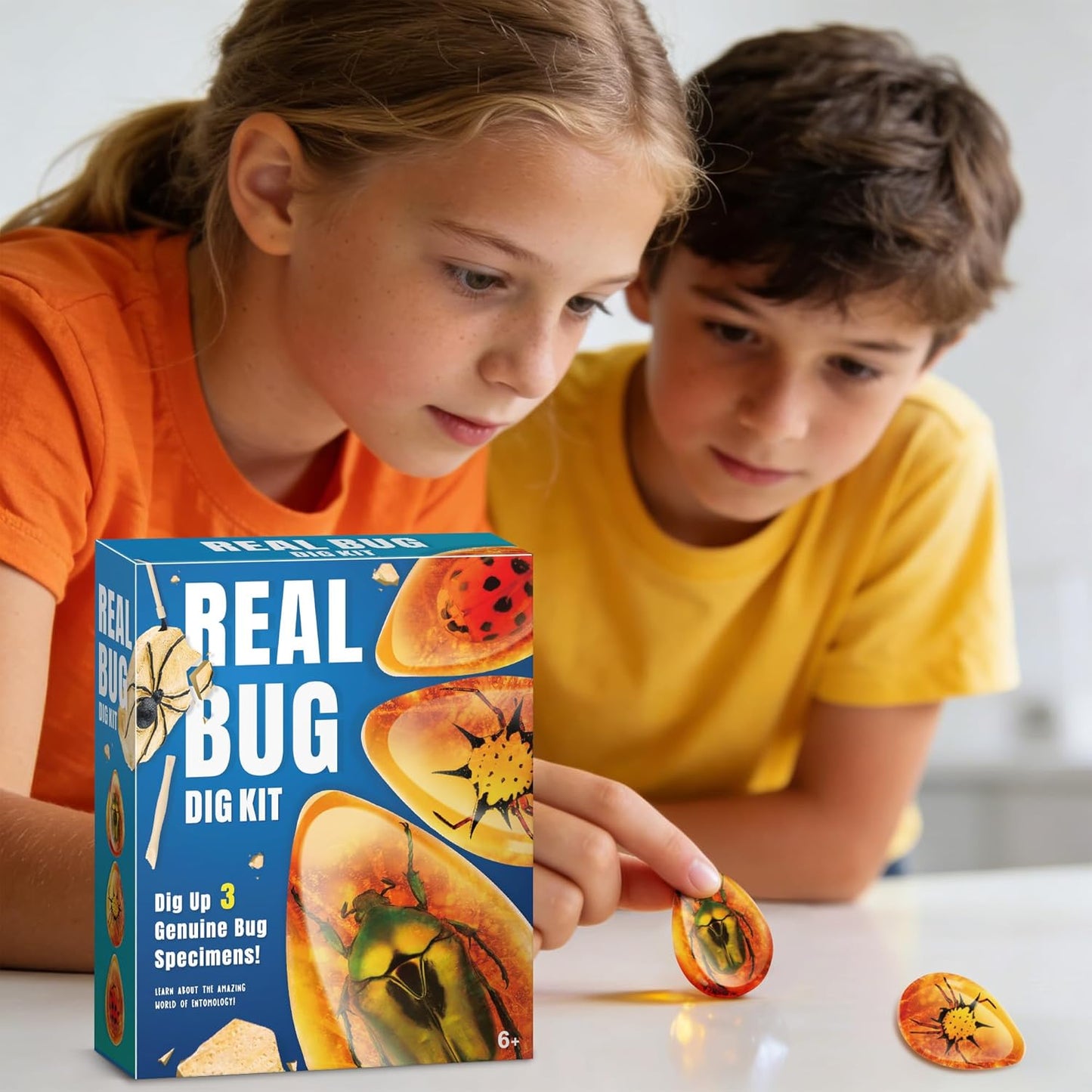 Real Amber Bug Dig Kit for Kids - STEM Science Toy with 3 Genuine Insect Specimens Preserved in Resin - Archaeology Excavation Activity - Educational Gift for Boys & Girls Ages 6+