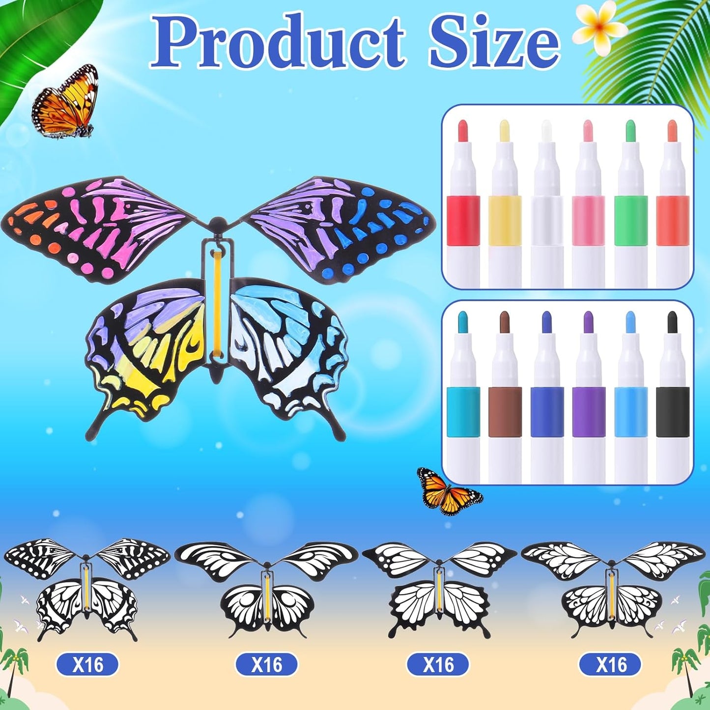 Seenelling 44 Pcs Flying Butterfly Craft Kit with 32 Wind up Butterflies and 12 Color Pens People Painting White Paper Butterflies DIY Toy for Party Game School Activity Birthday Gift (Style 3)