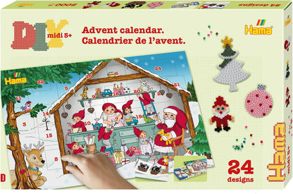 Hama Perlen 3046 Iron-On Beads Advent Calendar, Bead Art Gift Pack with Approx. 5,000 Midi Beads, 5 Small Peg Plates to Clip Together, Motif Template, Ironing Paper, for Children from 5 Years