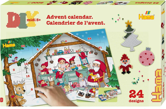 Hama Perlen 3046 Iron-On Beads Advent Calendar, Bead Art Gift Pack with Approx. 5,000 Midi Beads, 5 Small Peg Plates to Clip Together, Motif Template, Ironing Paper, for Children from 5 Years