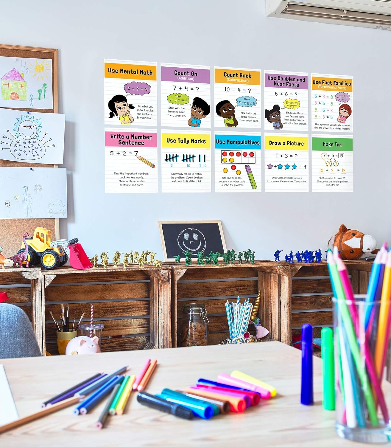 Carson Dellosa 14-Piece Mathematics Strategy Posters, 8.5" x 11" Wall Art Ten Frame, Counting, Number Line, Math Manipulatives, Facts, and More Strategies, Classroom Decor and Teacher Supplies