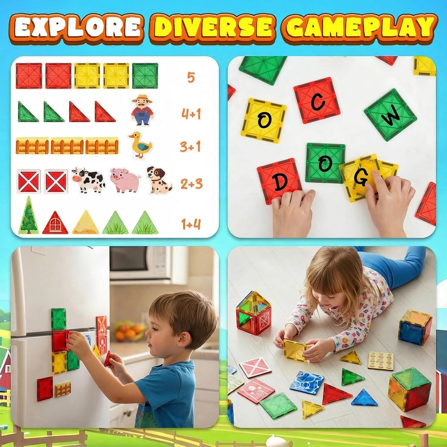 3 Otters 42PCS Magnetic Tiles Toys with Farm Animals, Magnetic Building Blocks Educational STEM Toys for Birthday Party Gifts Kids Toddlers Preschool Classroom