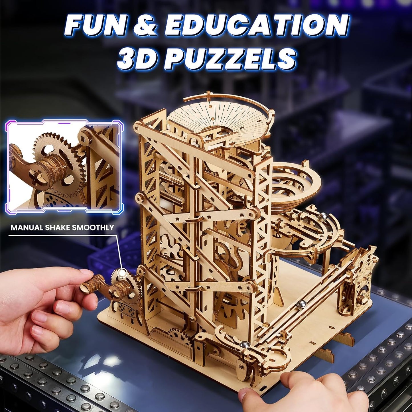3D Wooden Puzzles for Adults: 371pcs Wood Mechanical Marble Run Model Kits with Roller Coaster Building Set for Adults - 3D Brian Teaser Desk Toys Wooden Puzzles for Men Women Hobbies Gifts