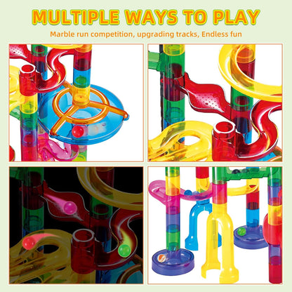Tucrae 224 PCS Marble Runs Toys with Automatic Elevator Glowing Marble Maze Building Set STEM Puzzle Toys for 3 4 5+ Boys & Girls Children's Day, Christmas Easter Gifts(Containing 60 Marbles)