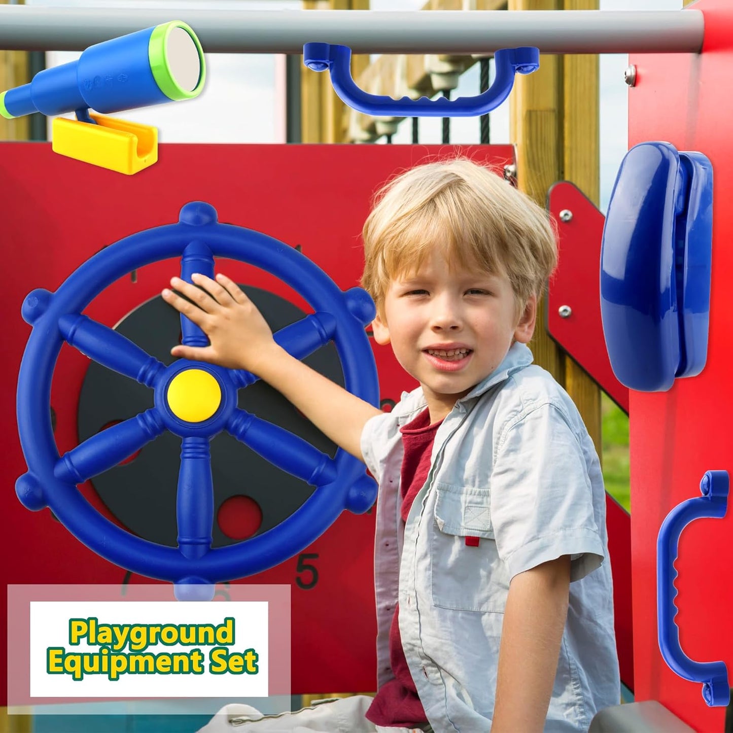 5 Pcs Kids Playground Accessories for Kids Outdoor Plastic Steering Wheel Swingset Phone Pirate Telescope Telephone Safety Handle for Child Backyard Tree House Playhouse Jungle Gym (Yellow Set 1)