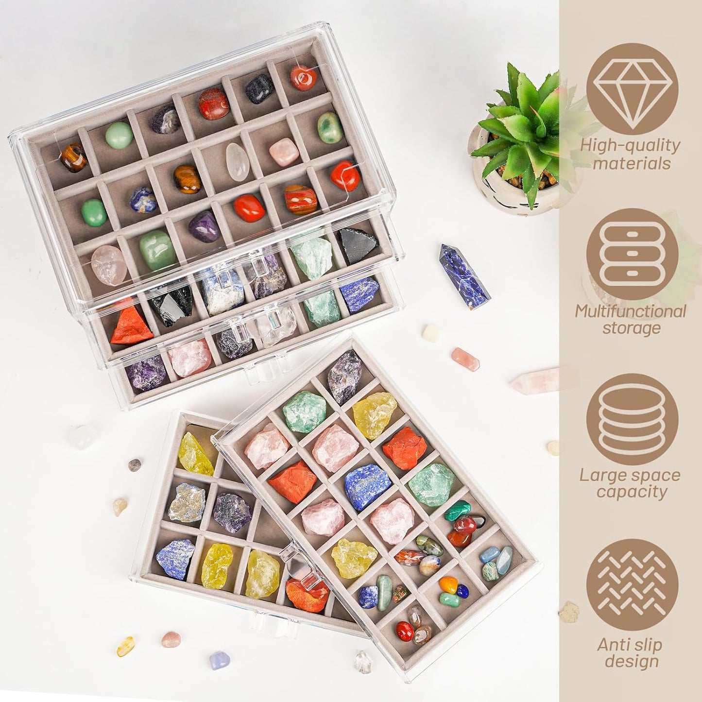 Bfttlity Acrylic Rock Display Case,54 Grids Rock Collection Box for Kids with Mini Magnifying Glass and Gloves, Clear Display Cases for Stones Collectibles Gemstone Crystals Storage Boxes