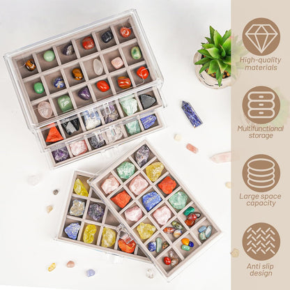 Bfttlity Acrylic Rock Display Case,54 Grids Rock Collection Box for Kids with Mini Magnifying Glass and Gloves, Clear Display Cases for Stones Collectibles Gemstone Crystals Storage Boxes