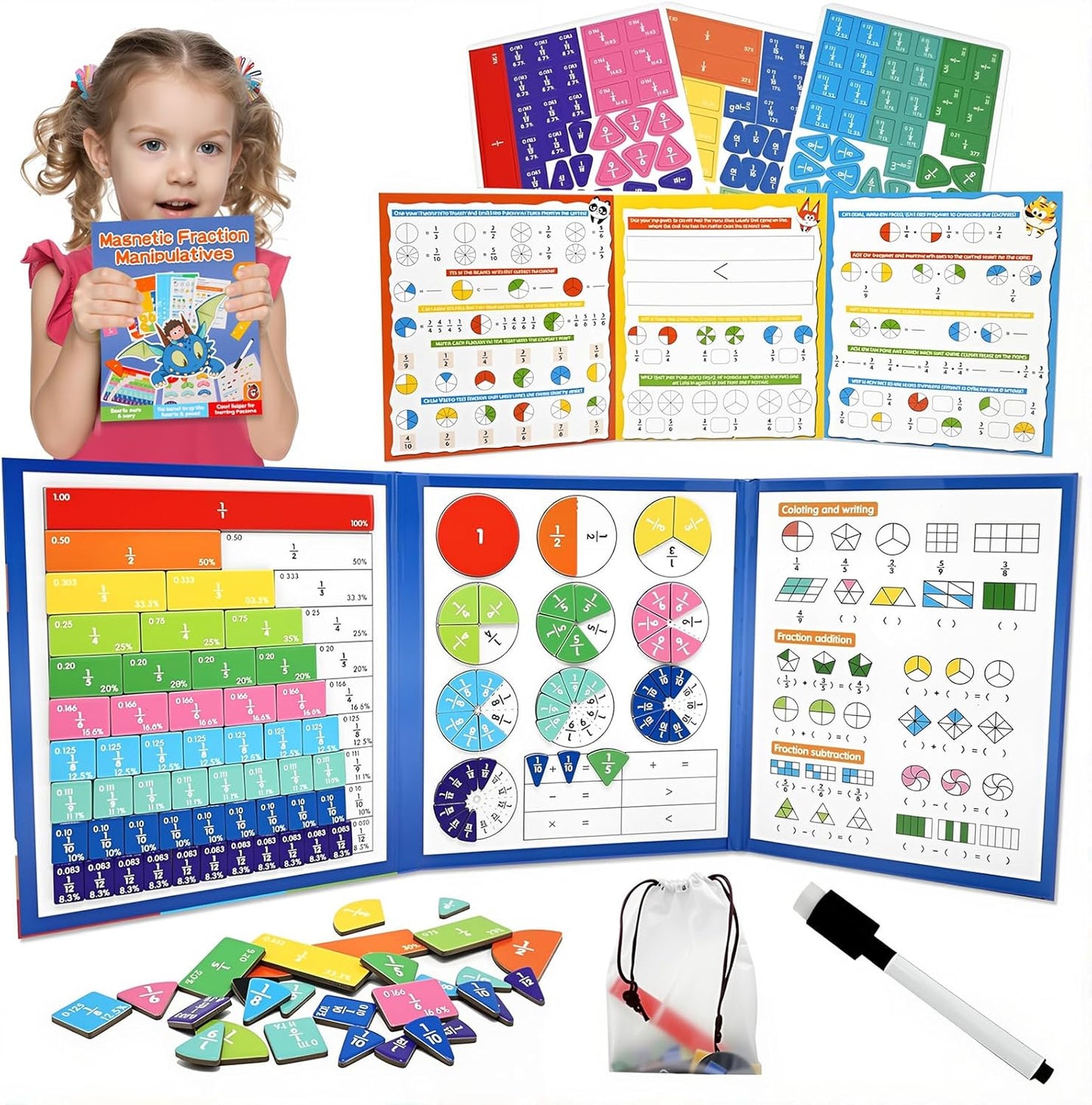 Magnetic Fraction Demonstration Book,Magnetic Fraction Tiles & Fraction Circles Set,Math Manipulatives for Elementary School,Montessori Fraction Manipulatives Learning Educational Puzzle Toys for Kids