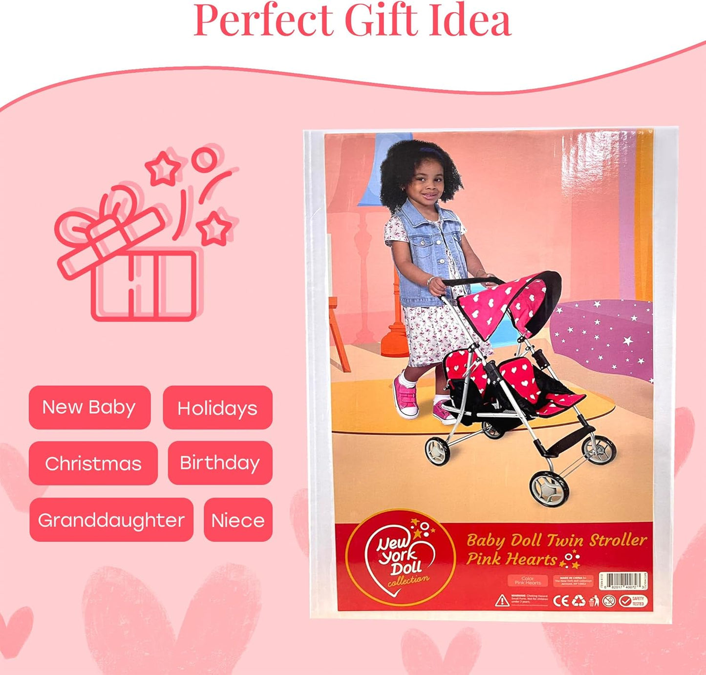 The New York Doll Collection First Twin Stroller - Cutest Heart Design Baby Strollers Great Toy Gift for Toddlers and Girls (Denim) Blue,pink