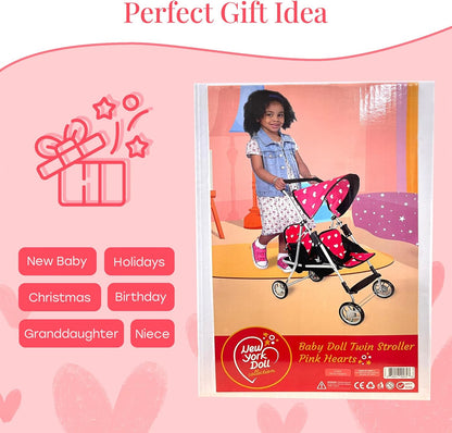 The New York Doll Collection First Twin Stroller - Cutest Heart Design Baby Strollers Great Toy Gift for Toddlers and Girls (Denim) Blue,pink