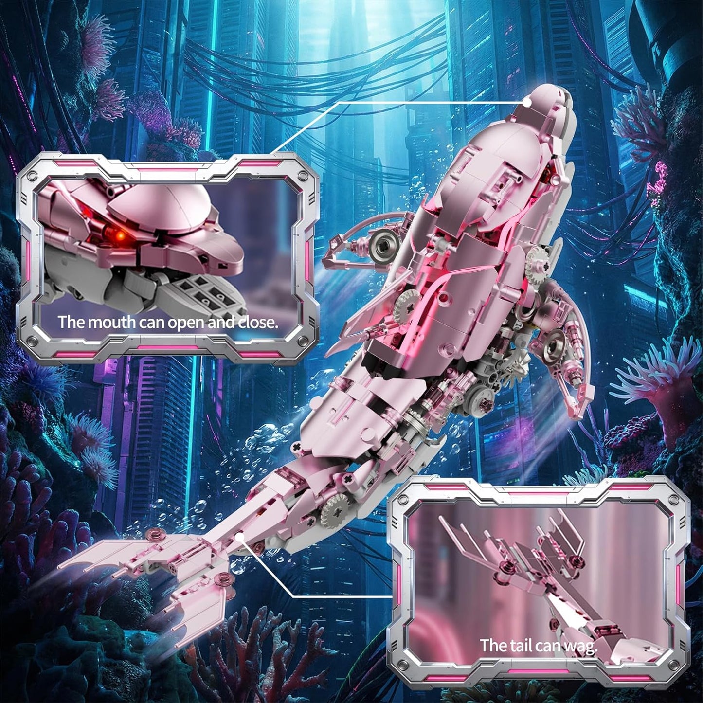 Mechanical Blue Dolphin Building Blocks Set Hand-Operated Motion, Detailed Gear Design, Display & Play Model Futuristic Ocean Animal Model