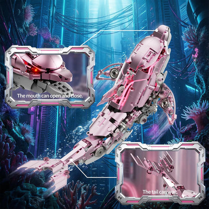 Mechanical Blue Dolphin Building Blocks Set Hand-Operated Motion, Detailed Gear Design, Display & Play Model Futuristic Ocean Animal Model