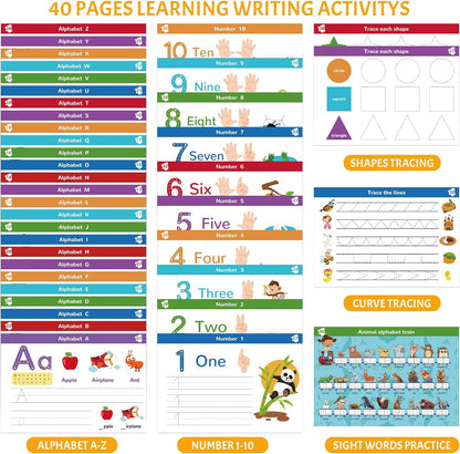 Handwriting Practice Book for Kids, Toddler Preschool Learning Activity for 3 4 5 Year Old, Kindergarten Educational Toys, Montessori Toys Learn Number Letters/ Shapes/ Animal/ Sight Words Workbook
