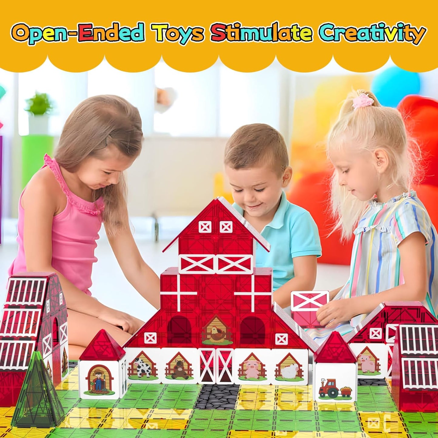 SKTMYY Magnetic Tiles Construction Toys with Road & Crane & Marble Run, Double-Sided Fire Station & Building Magnet Tiles for Kids Ages 4-8, STEM Magnetic Blocks Gifts for 3 4 5 6 7 8 Year Old Boys