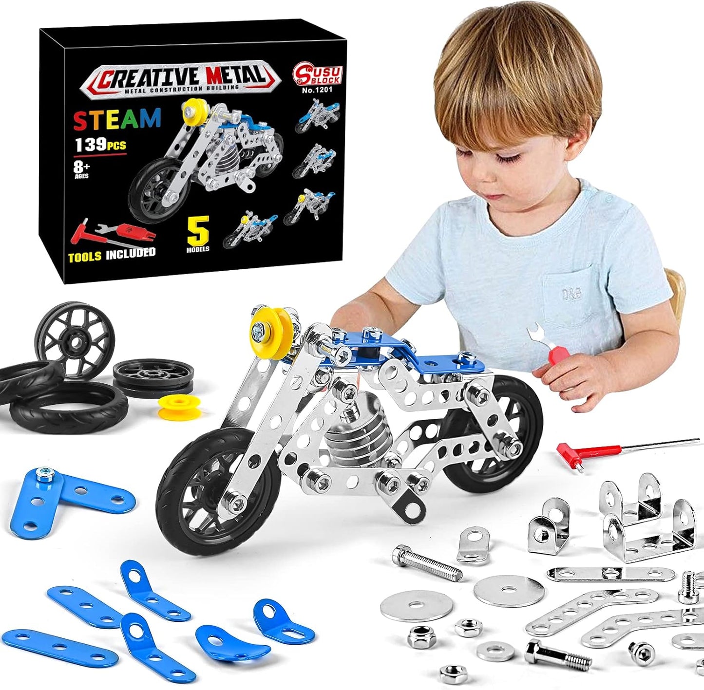 Ferthor Fun 7 in 1 STEM Toys,Creative Set for Boys Age 8-12,Learning Engineering Kids Building Blocks Model Kits,Metal Construction Toys for Kids 8 9 10 11 12+ Year Old(180PCS No Motor)