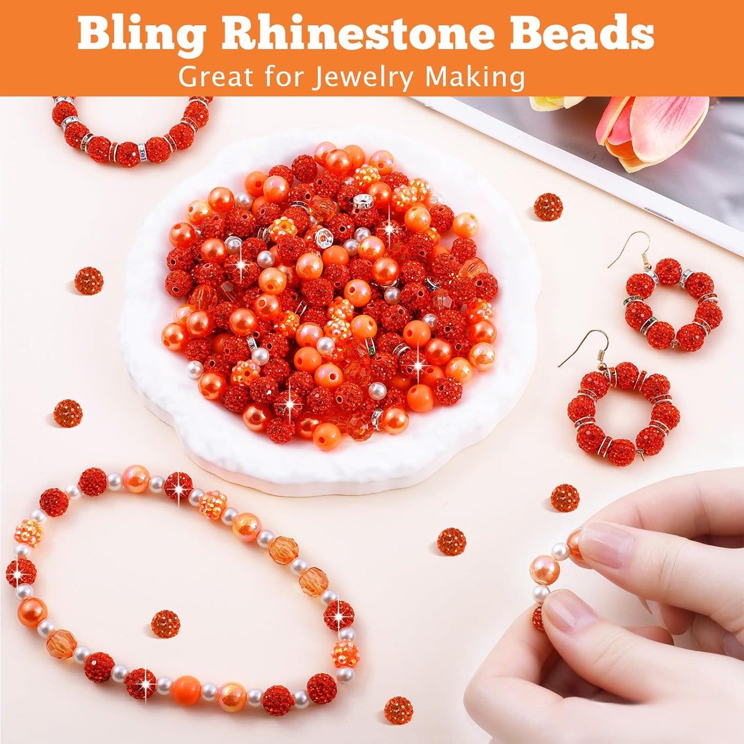 300 Pcs Diamonds Beads for Jewelry Making, Included 10 mm Red Rhinestone Beads for Bracelets, Bubblegum Bead for Pen Making, Pearl and Spacer Bead for Bracelet Necklace Earring Crafting