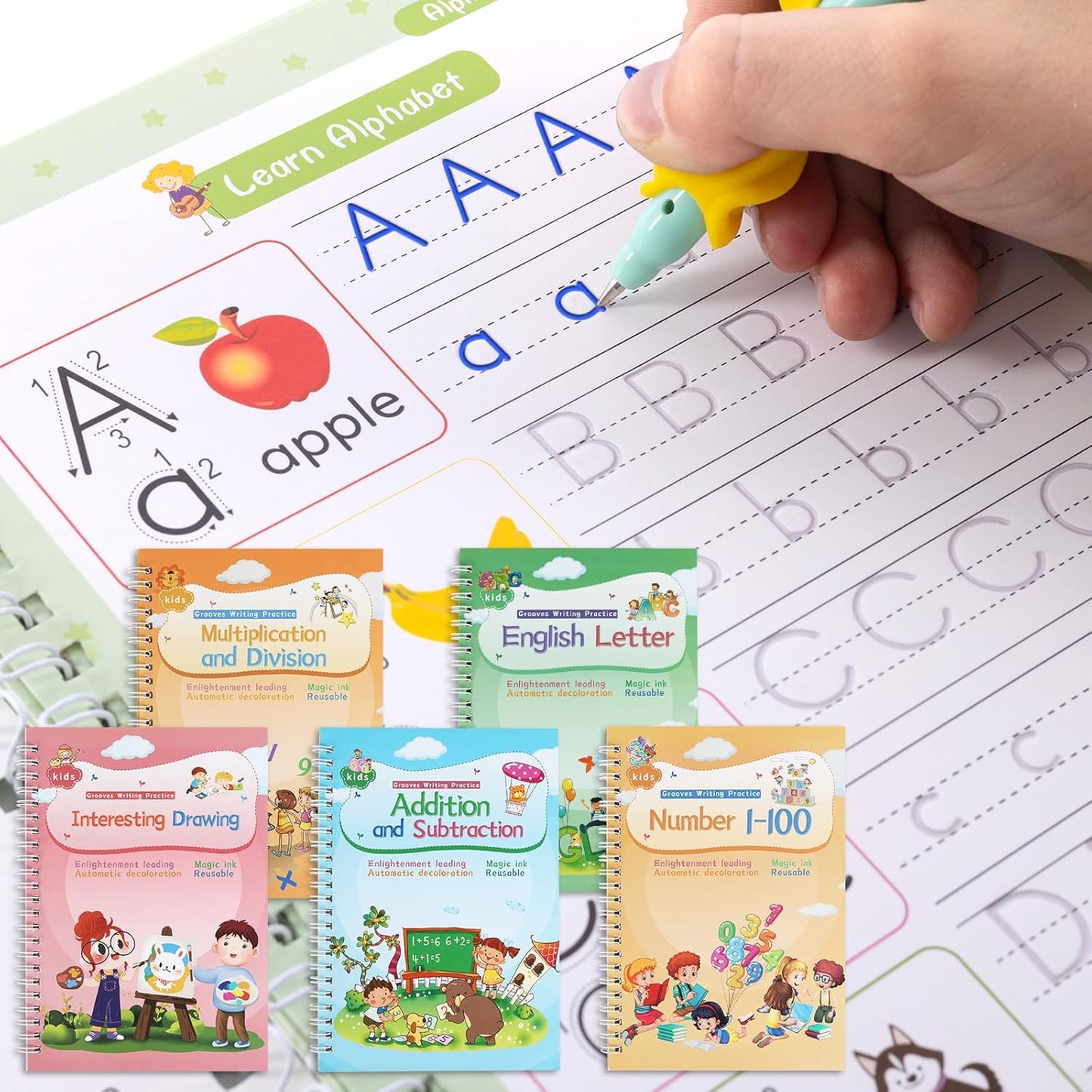 Magical Handwriting Workbooks Handwriting Practice Copybook, Handwriting Aid Magic Pen Reusable Copybook Grooves Template Design for Children Books Suitable for Children's Learning (6)