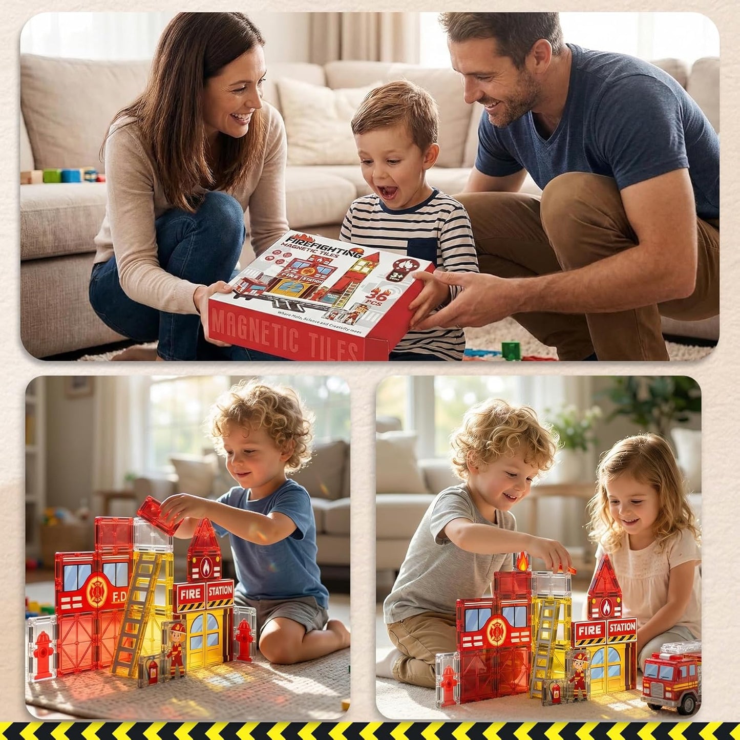 SKTMYY Magnetic Tiles Construction Toys with Road & Crane & Marble Run, Double-Sided Fire Station & Building Magnet Tiles for Kids Ages 4-8, STEM Magnetic Blocks Gifts for 3 4 5 6 7 8 Year Old Boys