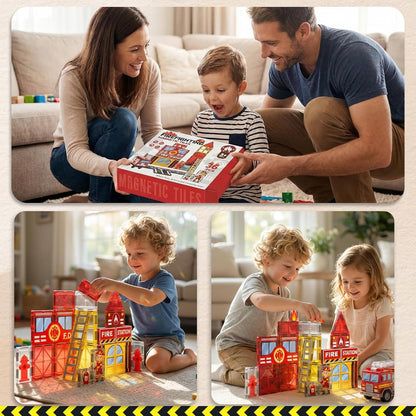 SKTMYY Magnetic Tiles Construction Toys with Road & Crane & Marble Run, Double-Sided Fire Station & Building Magnet Tiles for Kids Ages 4-8, STEM Magnetic Blocks Gifts for 3 4 5 6 7 8 Year Old Boys