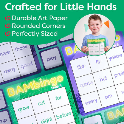 THE BAMBINO TREE Sight Word Bingo Game Level 1 and 2 - Educational Games for Kids - Learn to Read Vocabulary for Kindergarten 1st Grade - Dolch's Fry's Words Lists