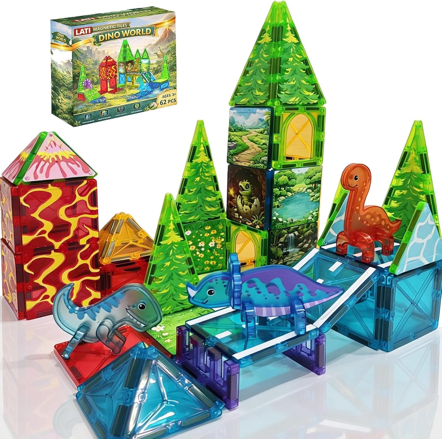 LATI Magnetic Tiles Dinosaur Building Set, Dino World Magnet Blocks with Double-Sided Egg Hatch Story, STEM Construction Toy for Kids Ages 3+, Educational Gift for Boys & Girls